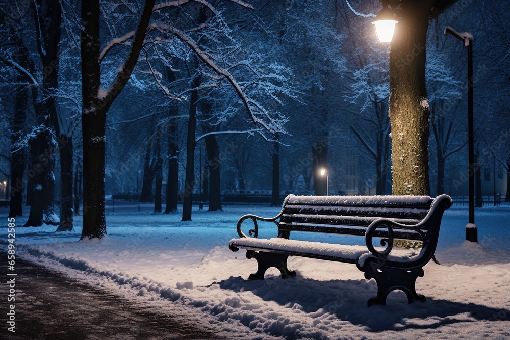 Bench in the park on a winter night