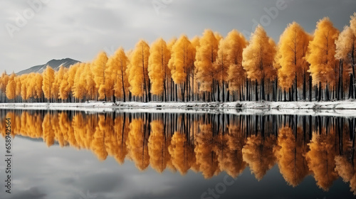 autumn landscape with lake and trees, reflection of trees in water