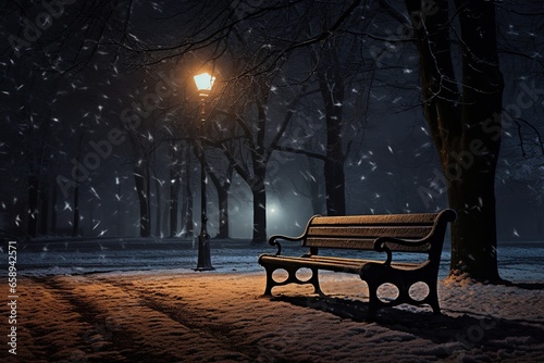 Bench in the park on a winter night