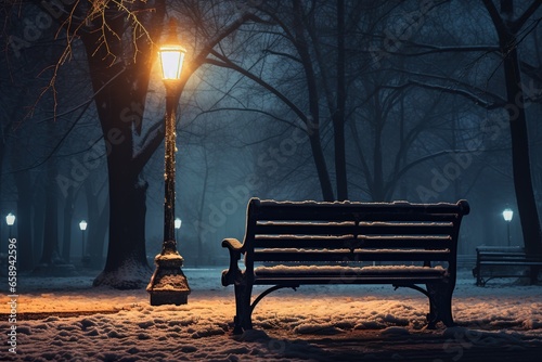 Bench in the park on a winter night