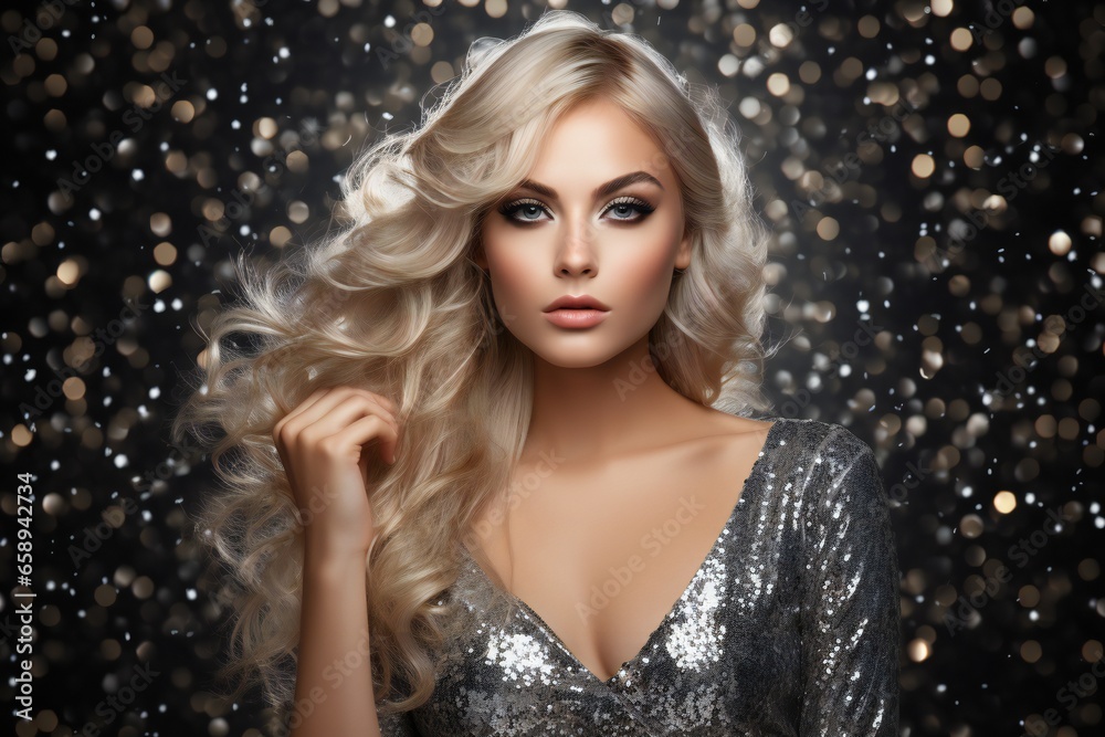 Woman in Silver Sexy Dress. Fashion Blonde Model with Long Straight Shiny Hair in Short Glittering Party Gown over Sparkly Background