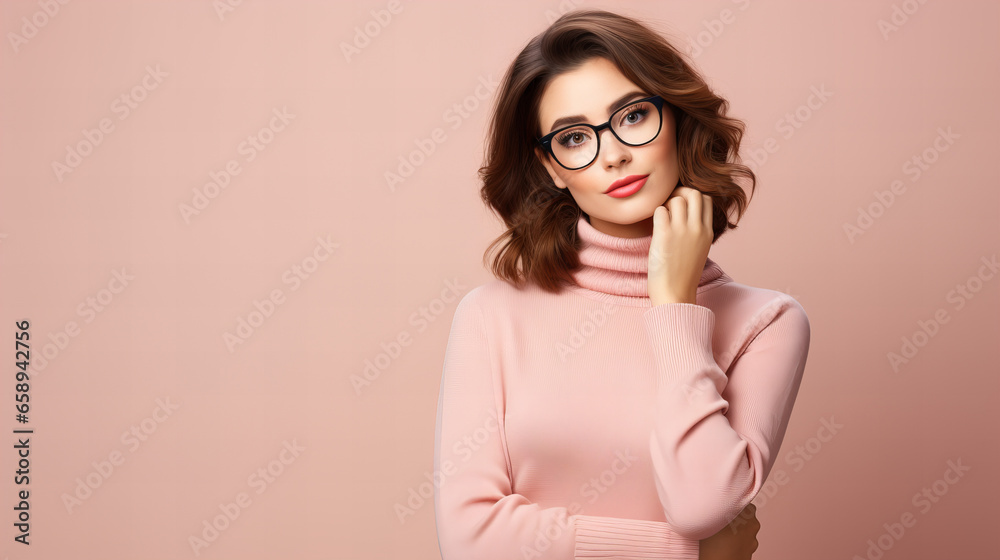 Delighted young woman in glasses, has gentle broad smile, expresses positiveness, wears round spectacles, knitted jumper, isolated over pink studio wall with blank space, copy space