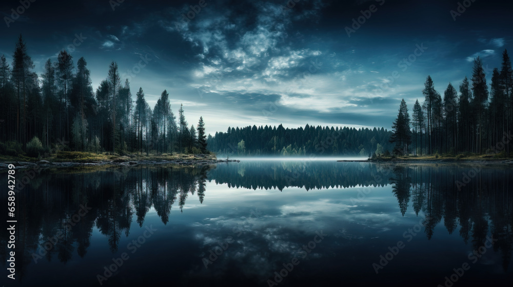 autumn landscape with lake and trees, reflection of trees in water