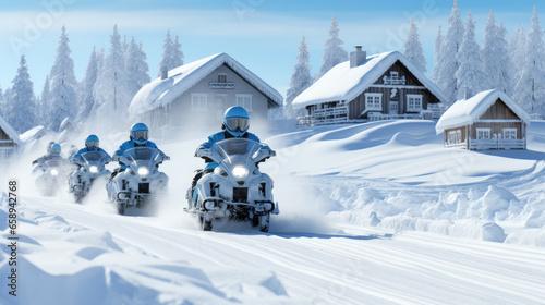 Group of snowmobiles on a track in Finland in winter