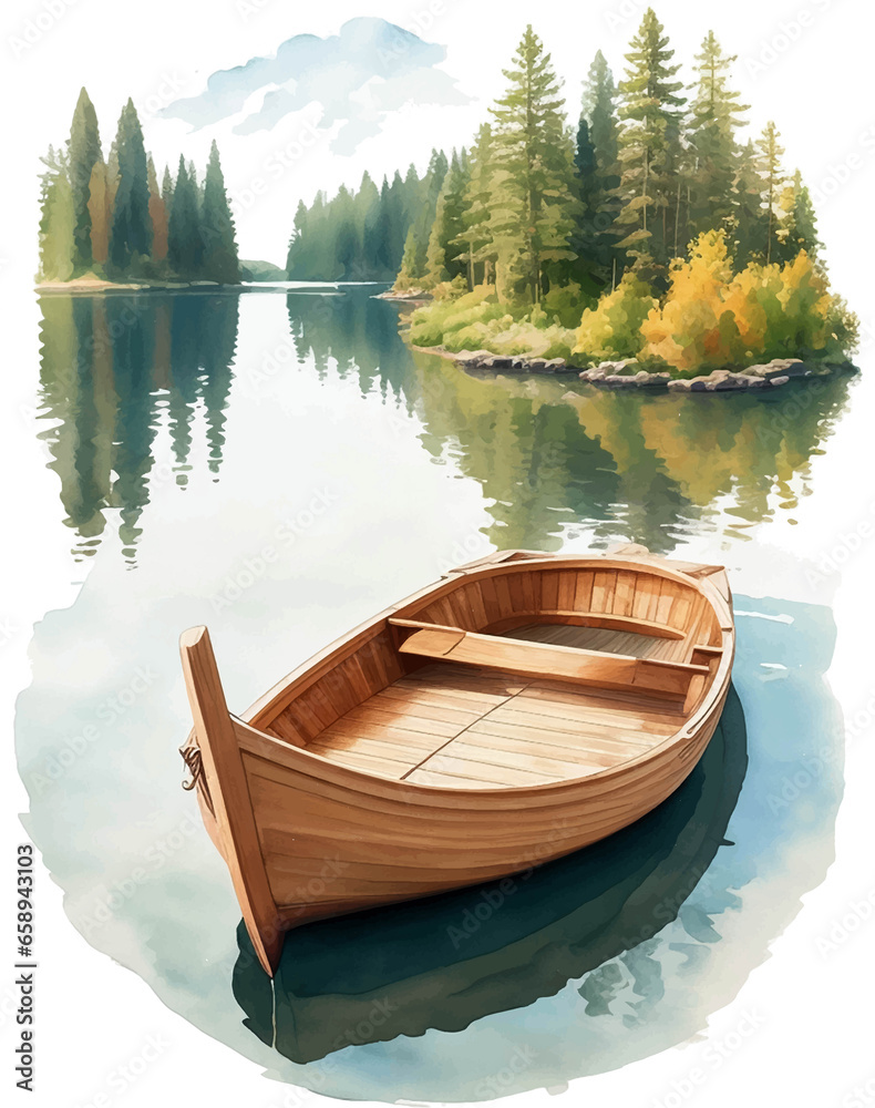 Boat on the lake in watercolor
