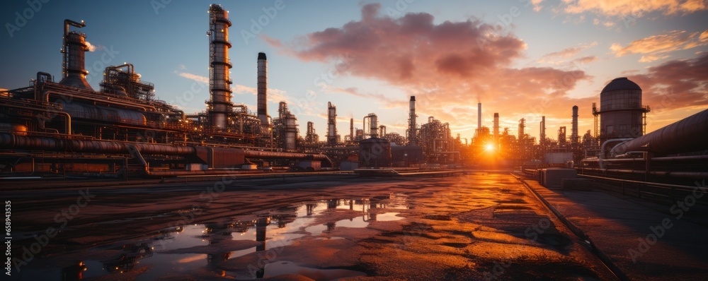 Obraz premium Oil refinery plant at dusk, view of oil and gas petrochemical industrial, Refinery factory oil storage tank and pipeline steel during sunset