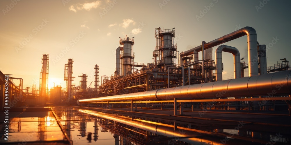 Oil refinery plant at dusk, view of oil and gas petrochemical industrial, Refinery factory oil storage tank and pipeline steel during sunset