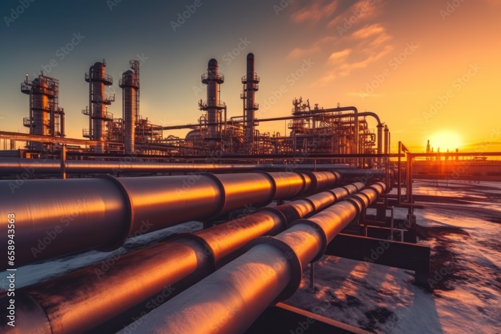 Oil refinery plant at dusk, view of oil and gas petrochemical industrial, Refinery factory oil storage tank and pipeline steel during sunset Oil refinery plant at dusk, view of oil and gas petrochemical industrial, Refinery factory oil storage tank and pipeline steel during sunset