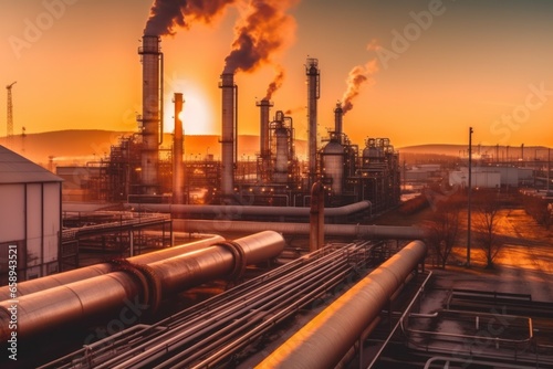 Oil refinery plant at dusk, view of oil and gas petrochemical industrial, Refinery factory oil storage tank and pipeline steel during sunset