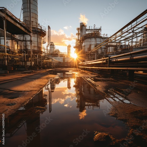 Oil refinery plant at dusk, view of oil and gas petrochemical industrial, Refinery factory oil storage tank and pipeline steel during sunset © aboutmomentsimages