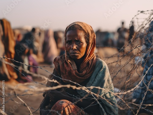 Portrait of poor woman refugee in a sunset light. People walking from war or powerty photo