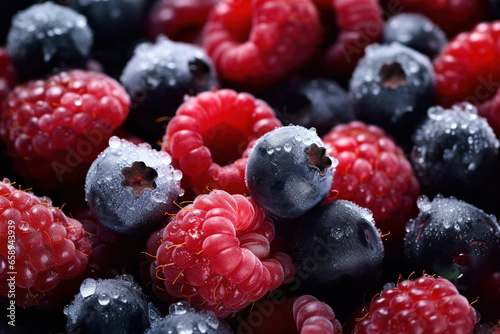 Close-up of Frozen Raspberries and Blueberries

