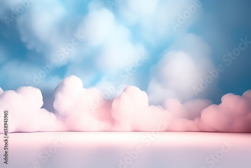 Abstract scene in pastel blue and pink colors. White 3D clouds lie on the floor.