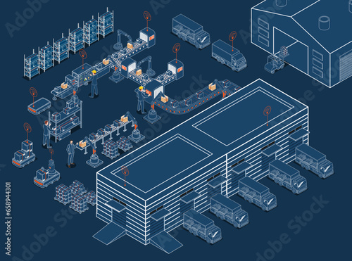 Smart Warehouse Management System with Warehouse simulation, Logistics flexibility, Robotic process automation and Accurate inventory counts. Vector illustration eps10