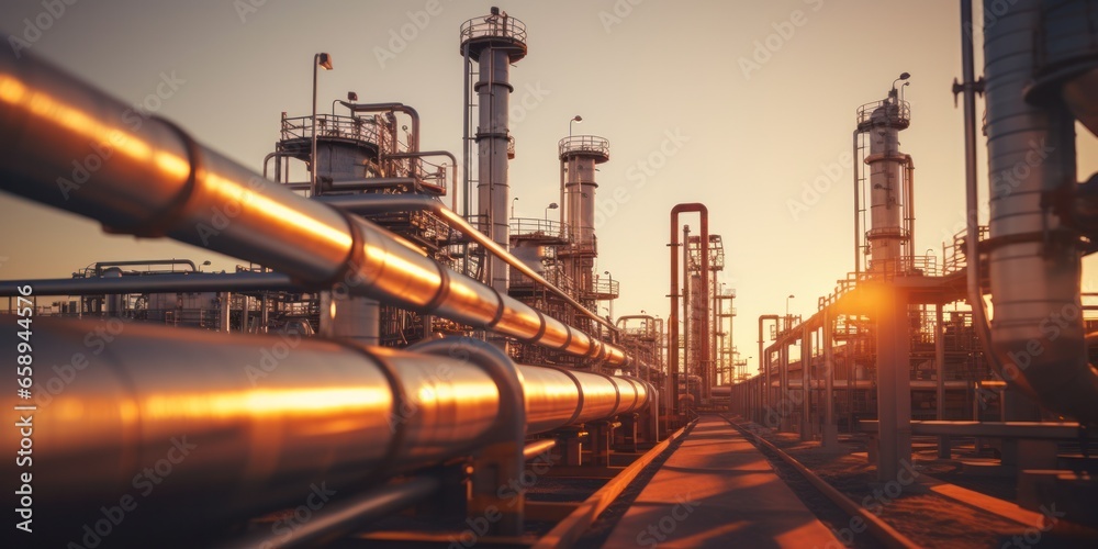 Oil refinery plant at dusk, view of oil and gas petrochemical industrial. Network of steel pipelines at Refinery factory - obrazy, fototapety, plakaty 