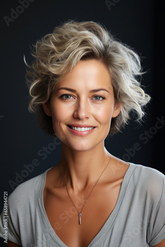 Woman with necklace on her neck smiling at the camera.