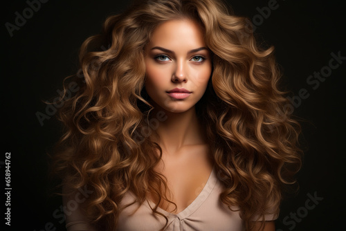Woman with long, curly hair is posing for picture.