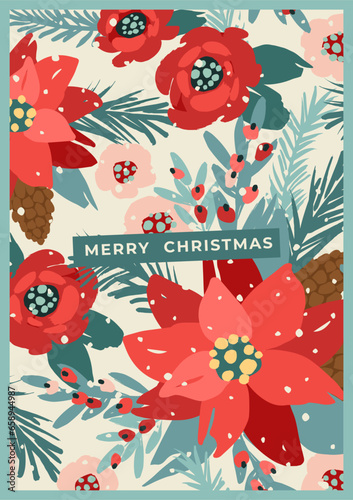 Christmas and Happy New Year card with white Christmas tree and flowers. Trendy retro style. Vector design