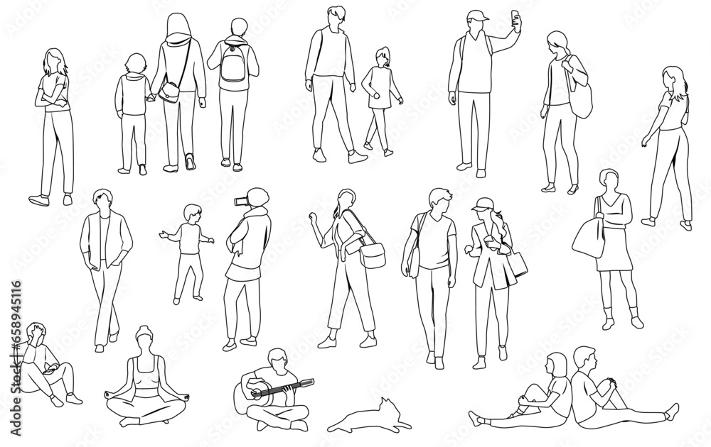 Silhouettes men, women, teenagers and children standing, walking, sitting, with dog, linear sketch, black color, vector, group rest people, students, design concept of flat icon, isolated on white Silhouettes men, women, teenagers and children standing, walking, sitting, with dog, linear sketch, black color, vector, group rest people, students, design concept of flat icon, isolated on white