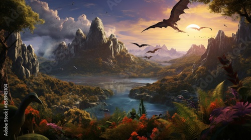 Dark fantasy prehistoric landscape with swamps and valleys in an ancient land