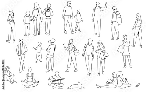 Silhouettes men, women, teenagers and children standing, walking, sitting, with dog, linear sketch, black color, vector, group rest people, students, design concept of flat icon, isolated on white 