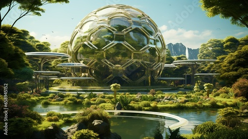 Solar spheres in a futuristic urban landscape of green energy