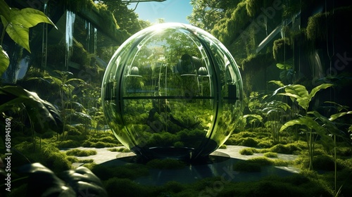 Futuristic solar sphere of green energy in megacity on eco-friendly sci-fi landscape