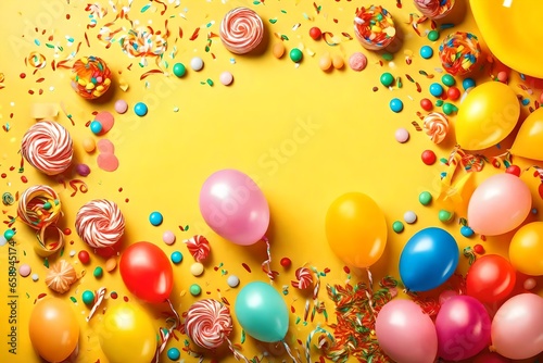 party birthday celebration concept,giftbox,balloon,confetti and streamers background copy space for text