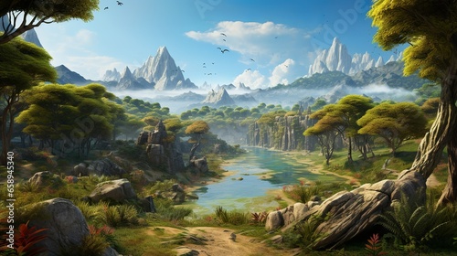 Prehistoric landscape with mountains and valleys of the land before humans photo