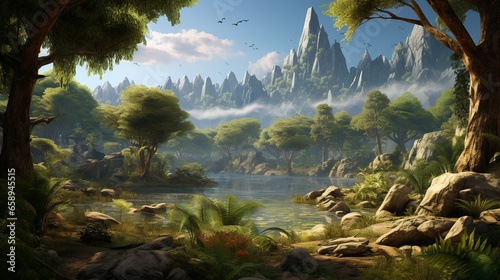 Ancient prehistoric deep forest with rivers and ferns and scale trees