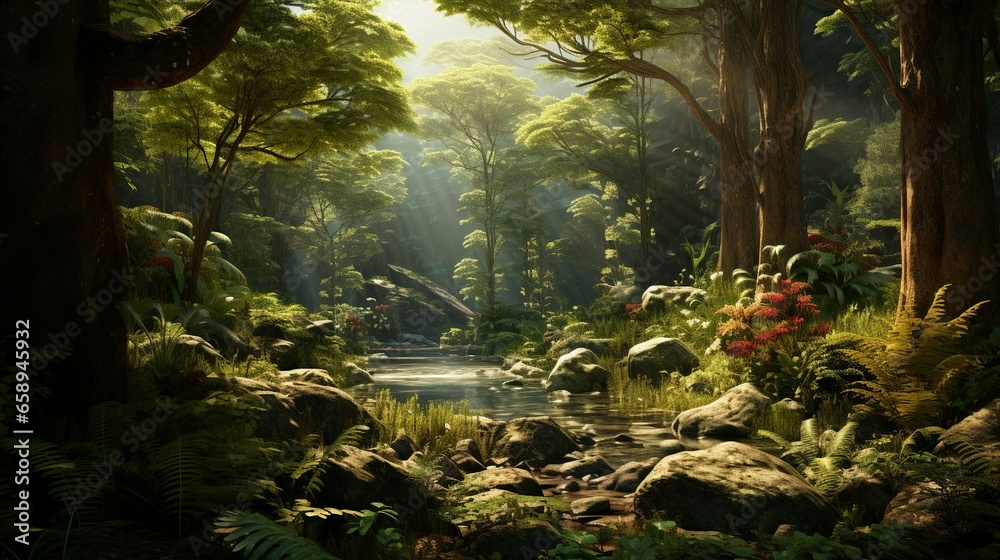 Fototapeta premium Prehistoric forest of a long lost flora of the mesozoic era landscape with ferns and scale trees