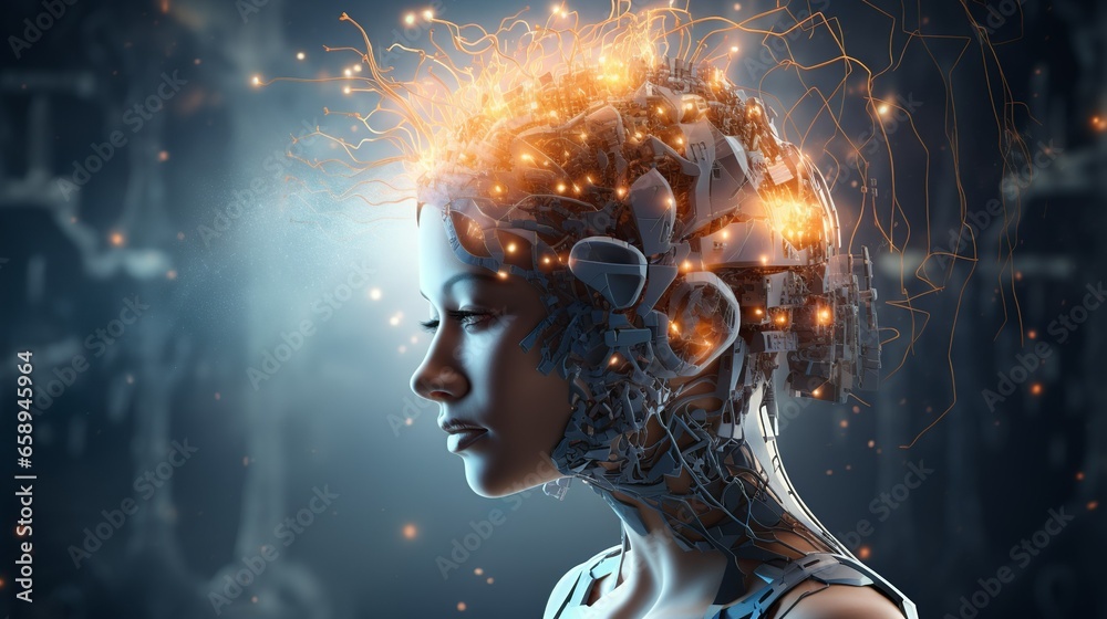 Artificial brain of AI development with cables and electric charges Artificial brain of AI development with cables and electric charges
