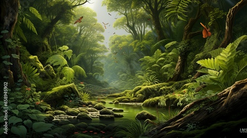 Prehistoric forest of a long lost flora of the mesozoic era landscape with ferns and scale trees