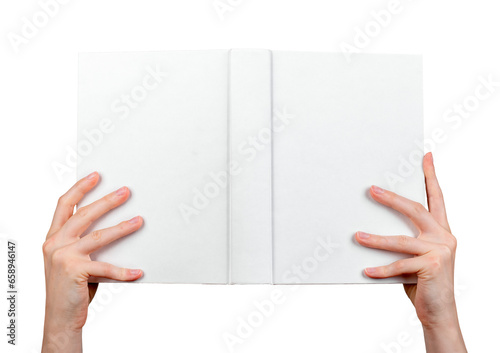 Hand holding open hardcover book, hard cover mockup, empty blank hardback mock-up isolated on white
