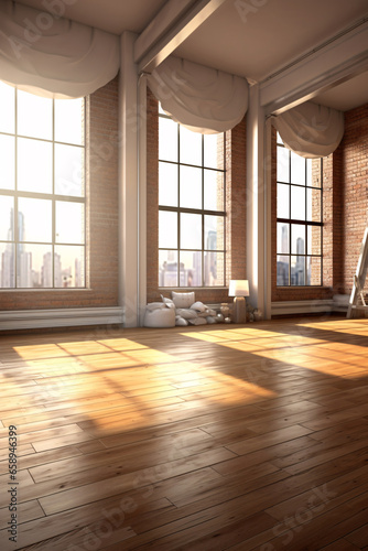 A Blank Canvas of Urbanity Empty Room With Vast Window, Wooden Floor, and Brick Wall in a Modern, Loft-Style Interior Brought to Life with 3D Rendering