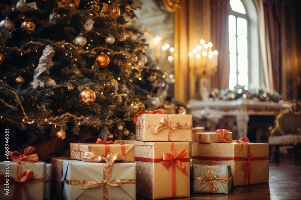 Beautiful low-angle photo of lots of christmas presents under christmas tree
