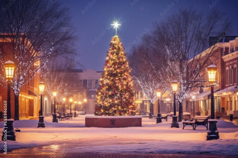 Beautiful photograph of Huge christmas tree in village square