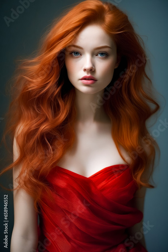 Woman with long red hair is wearing red dress.
