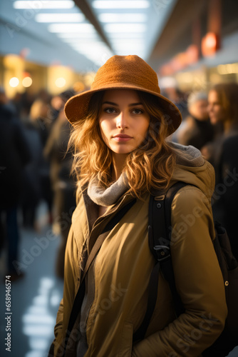 Woman wearing hat and coat on street.