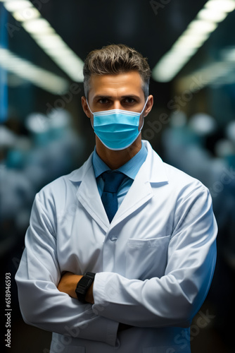 Man in lab coat and face mask.