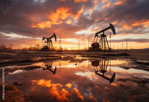 Oil refinery plant at dusk, view of industrial machinery. Network of machinery pipelines at Refinery factory