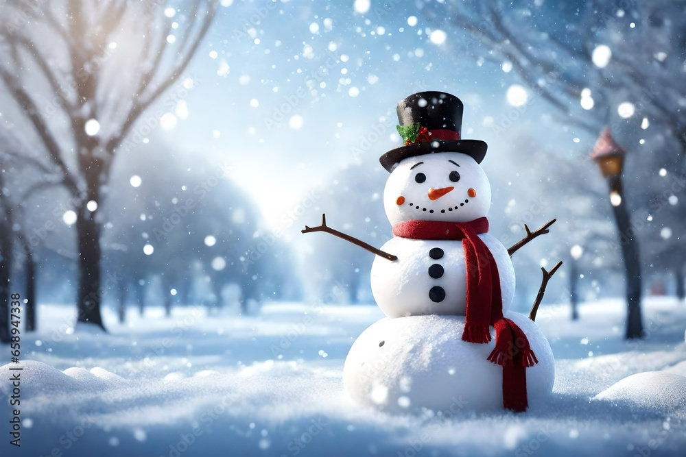 Immerse yourself in a 3D-rendered winter park adorned with enchanting Christmas decorations. A cute and cheerful snowman takes center stage,