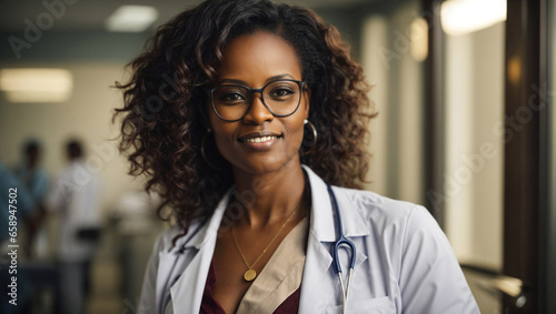Ritratto di una dottoressa di 50 anni di origini africane in ospedale, con occhiali, medico professionale