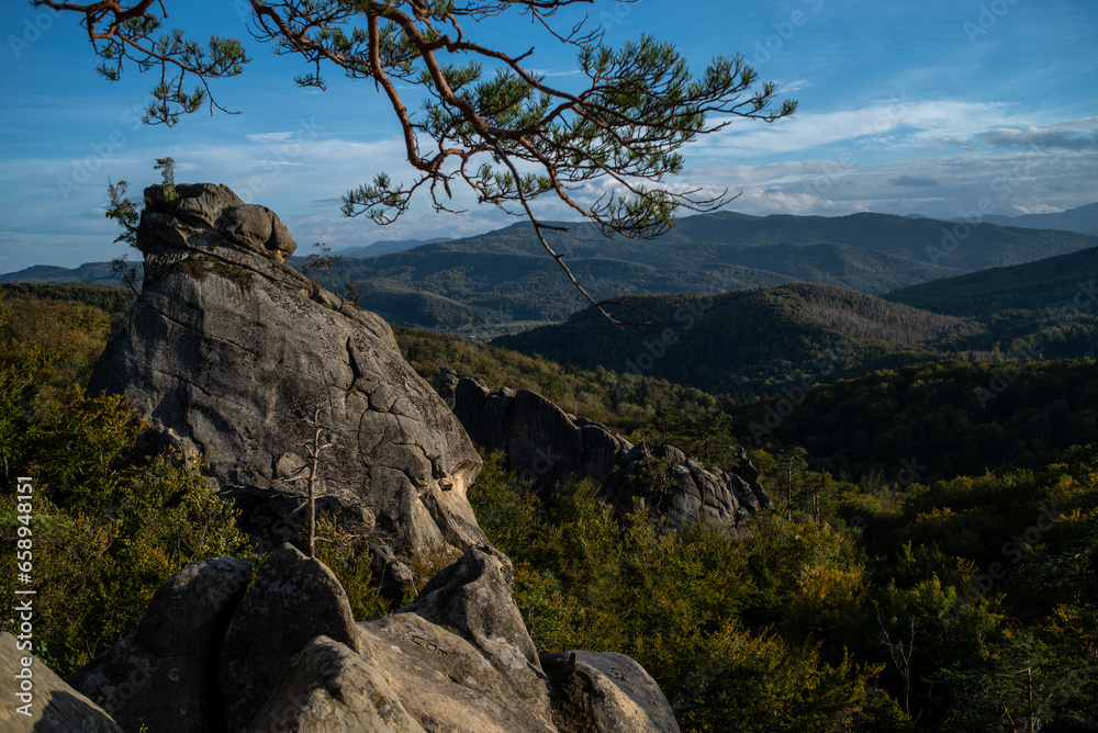 Rocks in the mountains. Blue sky and trees. Nature park Rocks in the mountains. Blue sky and trees. Nature park