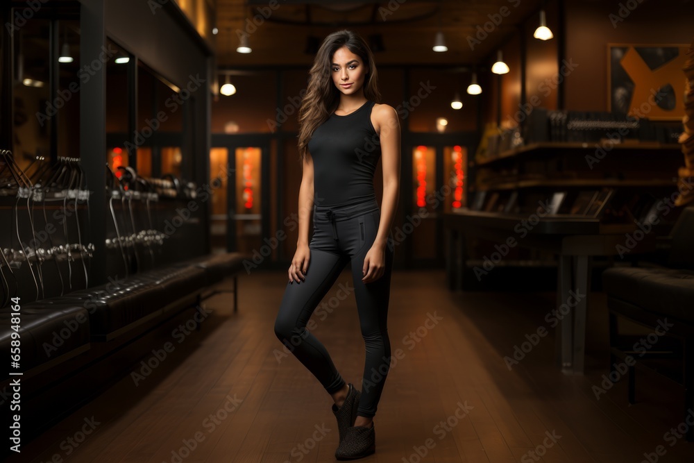 Maquette de femme pour des leggings noirs dans une salle d'entraînement sombre