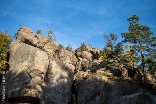 Rocks in the mountains. Blue sky and trees. Nature park