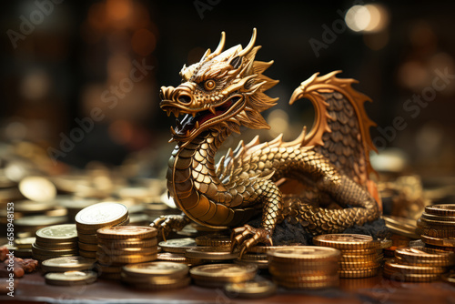Golden dragon surrounded with golden coins. Wealth and abundance concept. photo