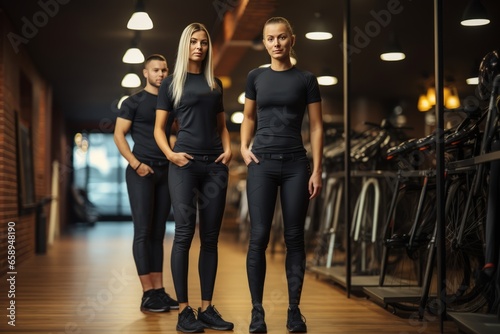 Maquette de femme pour des leggings noirs dans une salle d'entraînement sombre
