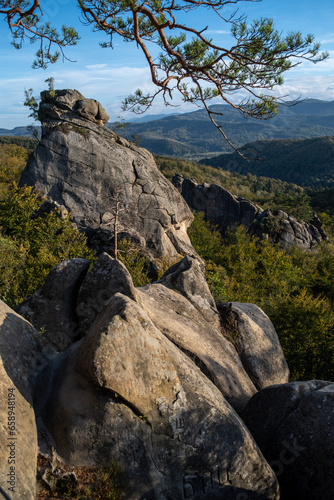 Rocks in the mountains. Blue sky and trees. Nature park