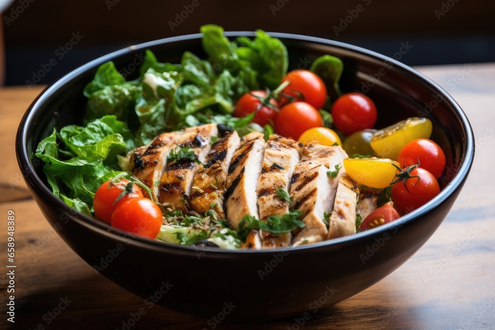Grilled chicken salad with tomatoes and herbs in a bowl Grilled chicken salad with tomatoes and herbs in a bowl